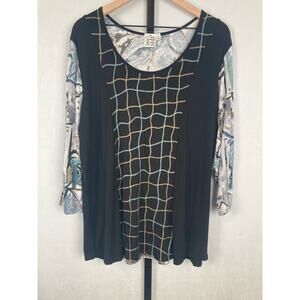 Parsley & Sage 3/4 Sleeve Scoop Neck Tee Sz 1X Abstract Art to Wear Embroidered